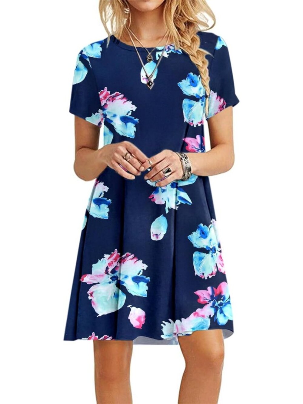 Women's Navy Pink Flower Crew Neck Classic Short Sleeve Pull On Pockets T Shirts